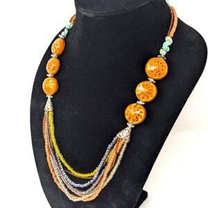 Cg Art Glass Multi Strand Bead Boho Necklace Silvertone Turquoise Earthy Ethnic